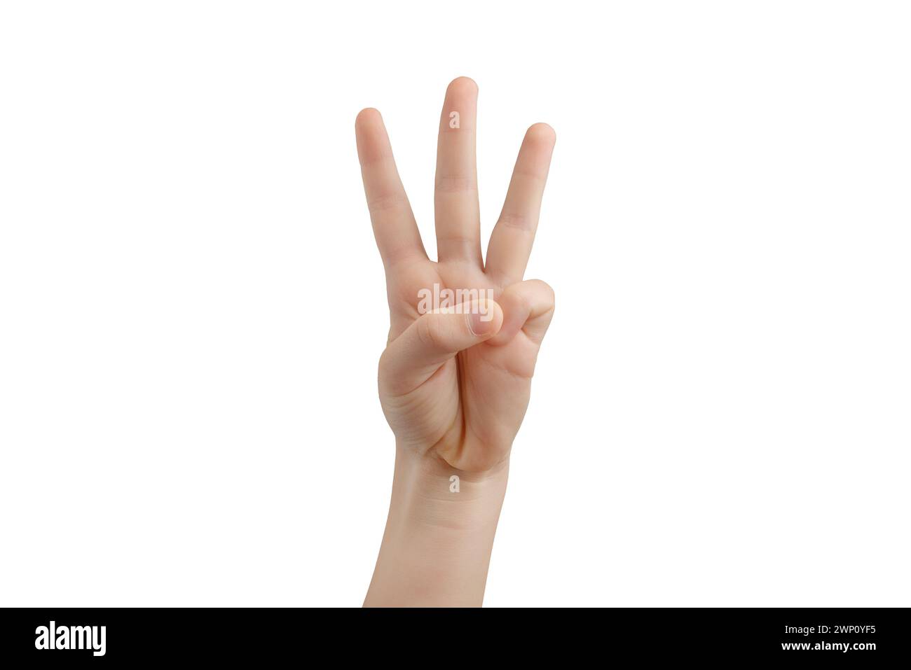Three middle fingers extended. Hand gesture isolated on white background Stock Photo