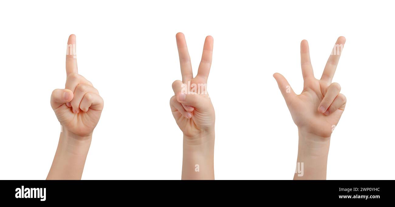 Isolated kid's hands. Representing counts from one to three with outstretched fingers, encouraging numeracy and communication skills Stock Photo