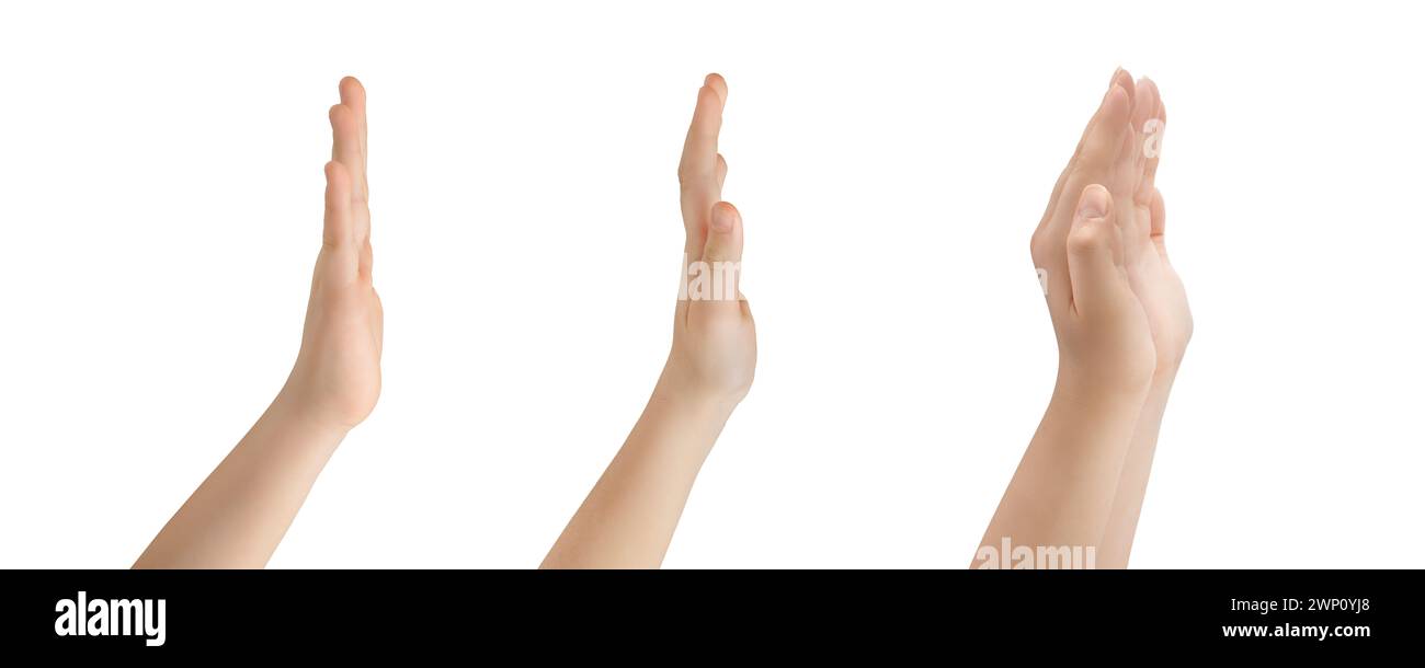 Hands in various gestures. Representing, showing, outstretched, holding gestures isolated on white background Stock Photo