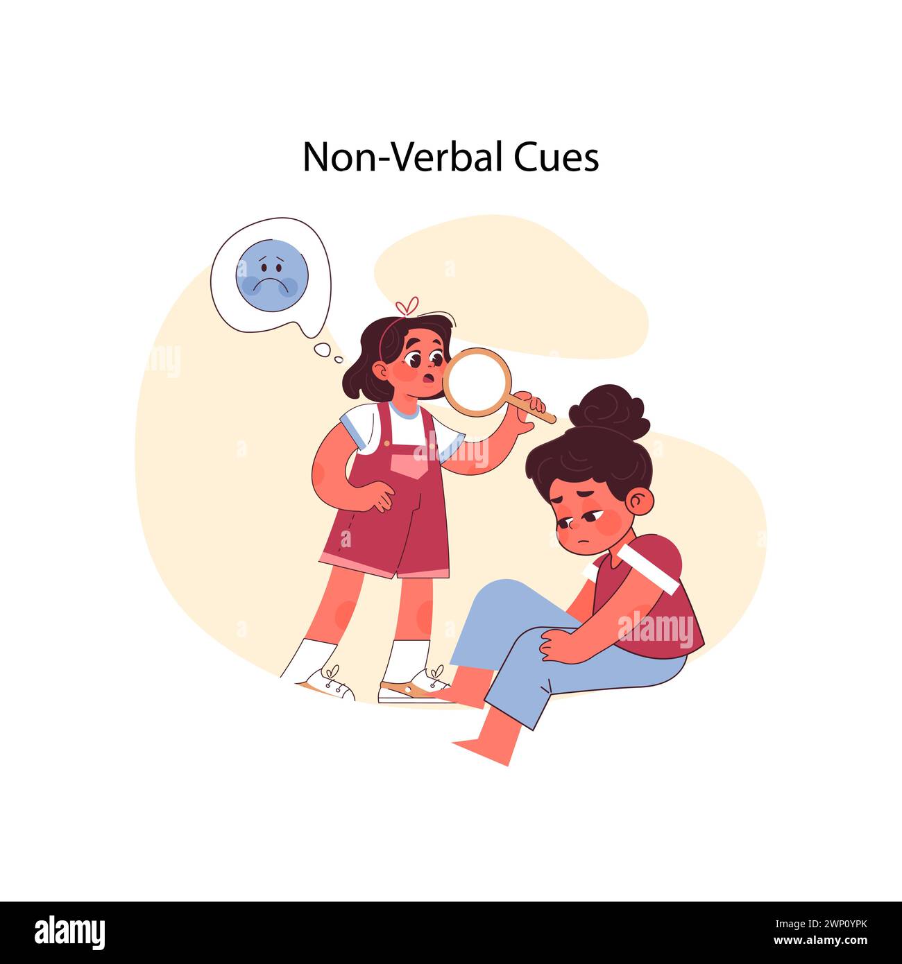 Non-verbal cues concept. Girl with magnifying glass observes distressed child, understanding emotions beyond words. Perception of body signals. Recognizing unspoken feelings. Flat vector illustration Stock Vector