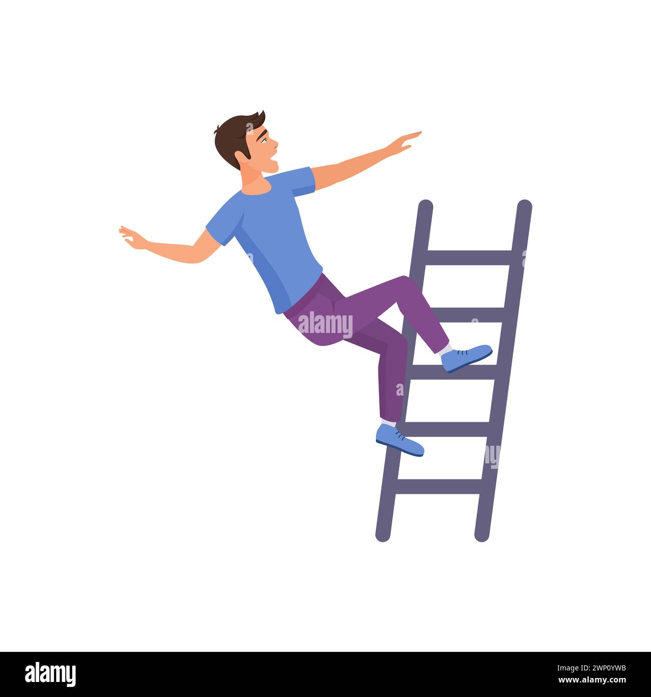 Man flying down, falling from rungs of ladder with risk of injury vector illustration Stock Vector