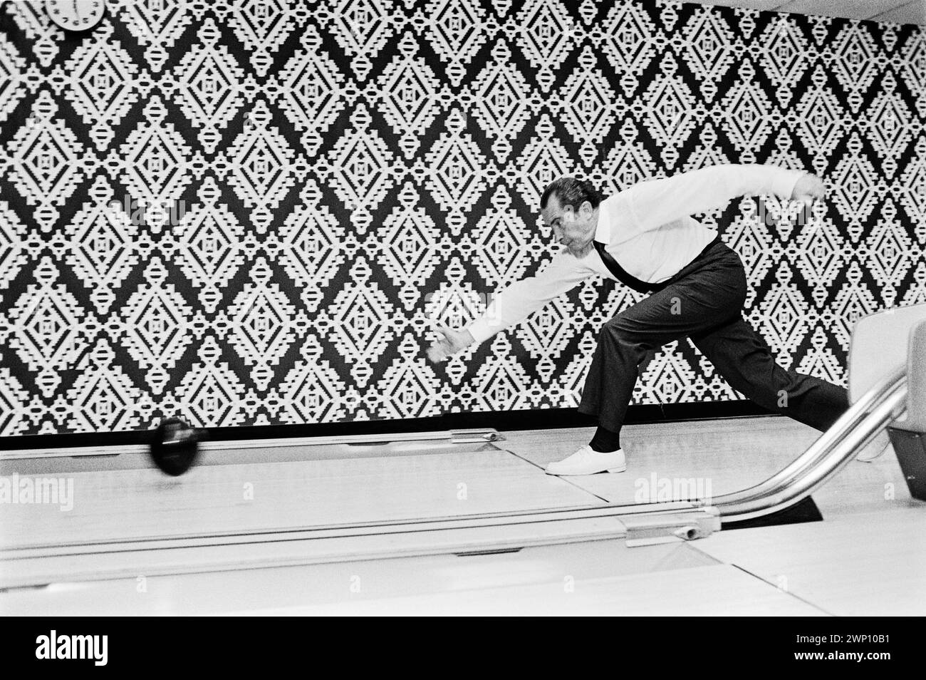 President Richard Nixon Bowling in the White House Bowling Alley.  September 17, 1971. Stock Photo