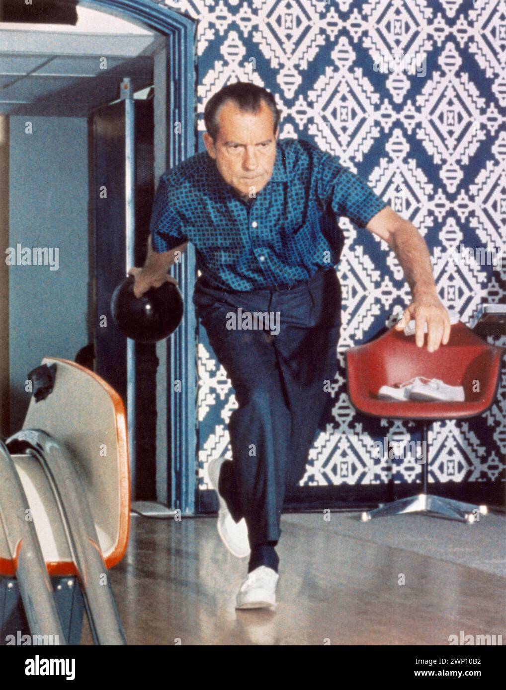 President Richard Nixon Bowling at the White House.  March 10, 1970. Stock Photo