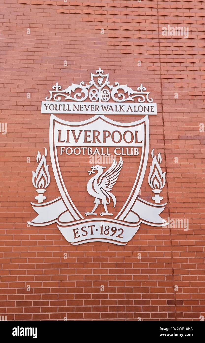 Anfield essence . Home ground of the Liverpool FC. Closeup shot of Logo emblem, football club. Match day experience. 6. 20. 2023 UK Stock Photo