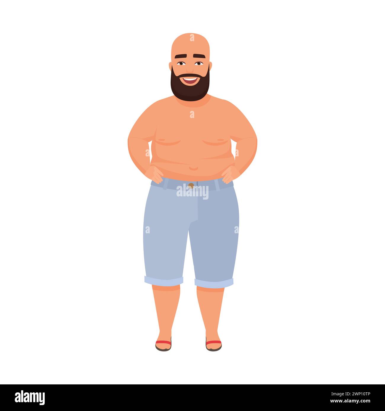 Happy bald man with beard standing on beach, fat male character in denim shorts smiling vector illustration Stock Vector