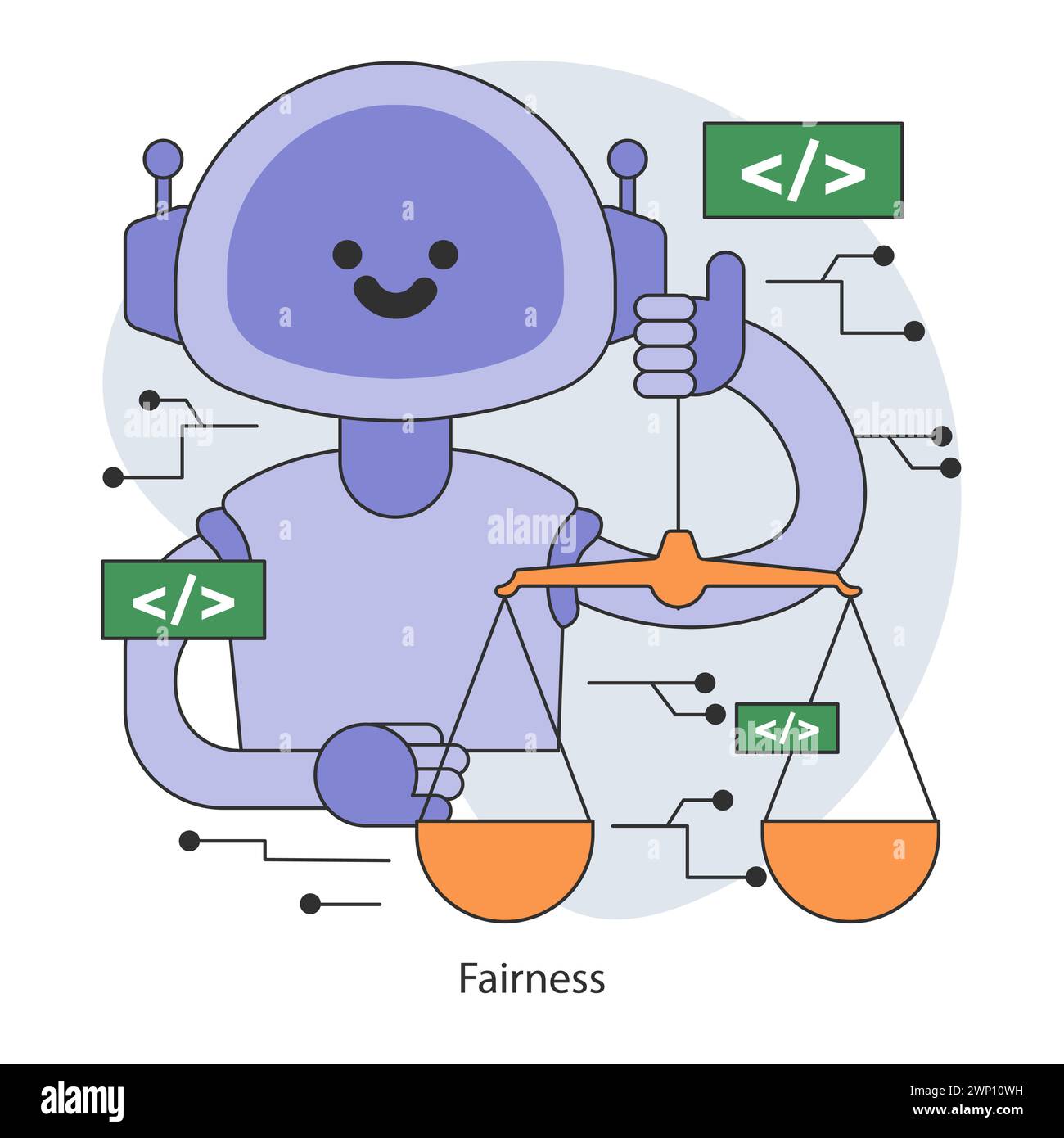 AI ethics concept. Robot balanced scales, unbiased algorithmic fairness. Justice and equality. Artificial intelligence alignment and normative control. Flat vector illustration Stock Vector