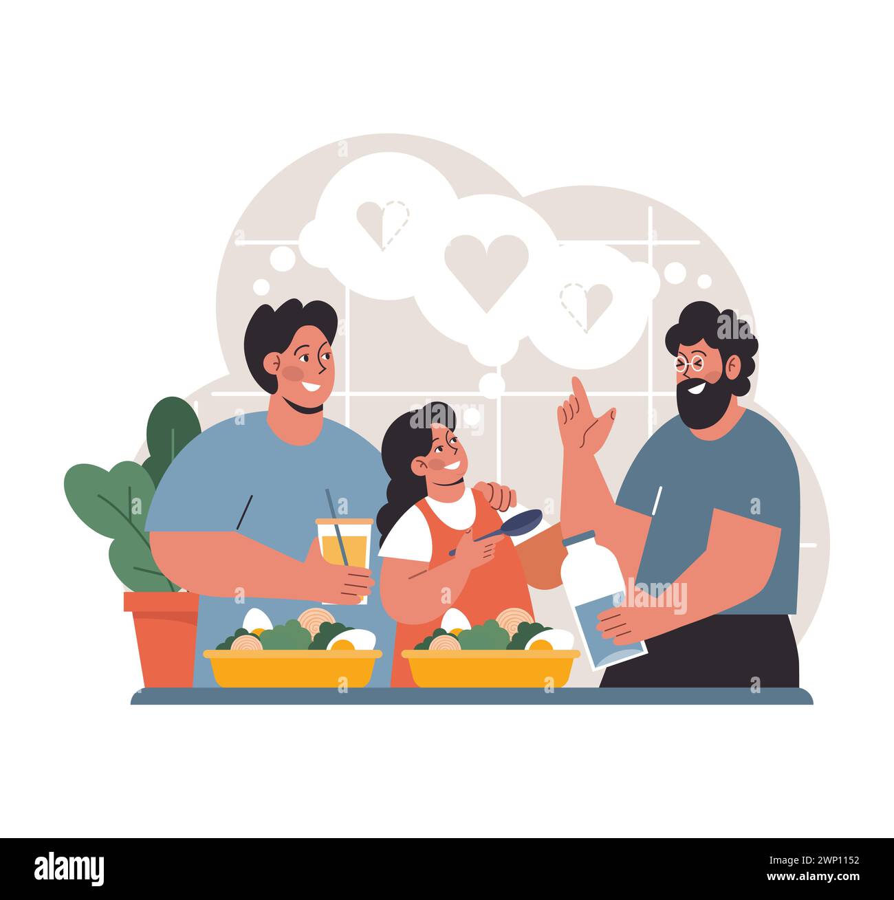 Modern Family Dynamics. Two loving men prepare a meal with their joyful daughter, reflecting the everyday beauty and strength of gay couples raising children. Kitchen moments. Flat vector. Stock Vector