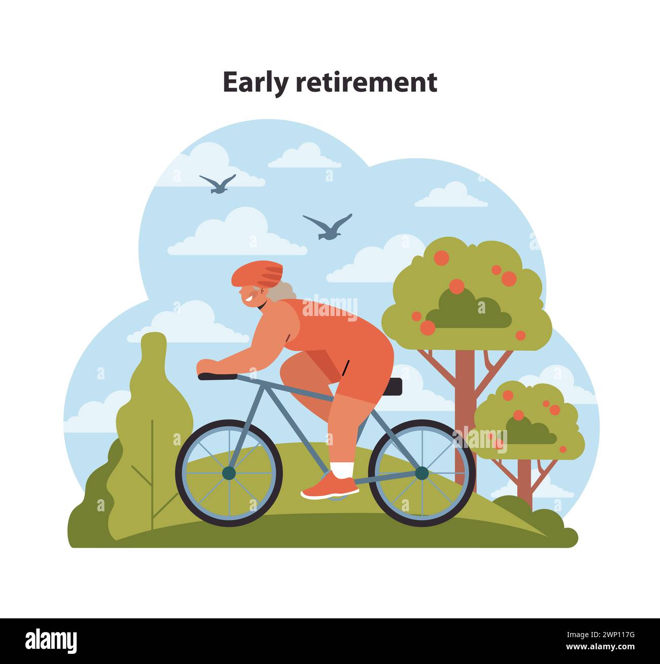 Joyful senior on a bicycle enjoys the scenic beauty of nature, embodying the leisure and freedom of early retirement. Biking adventures await. Flat vector illustration. Stock Vector