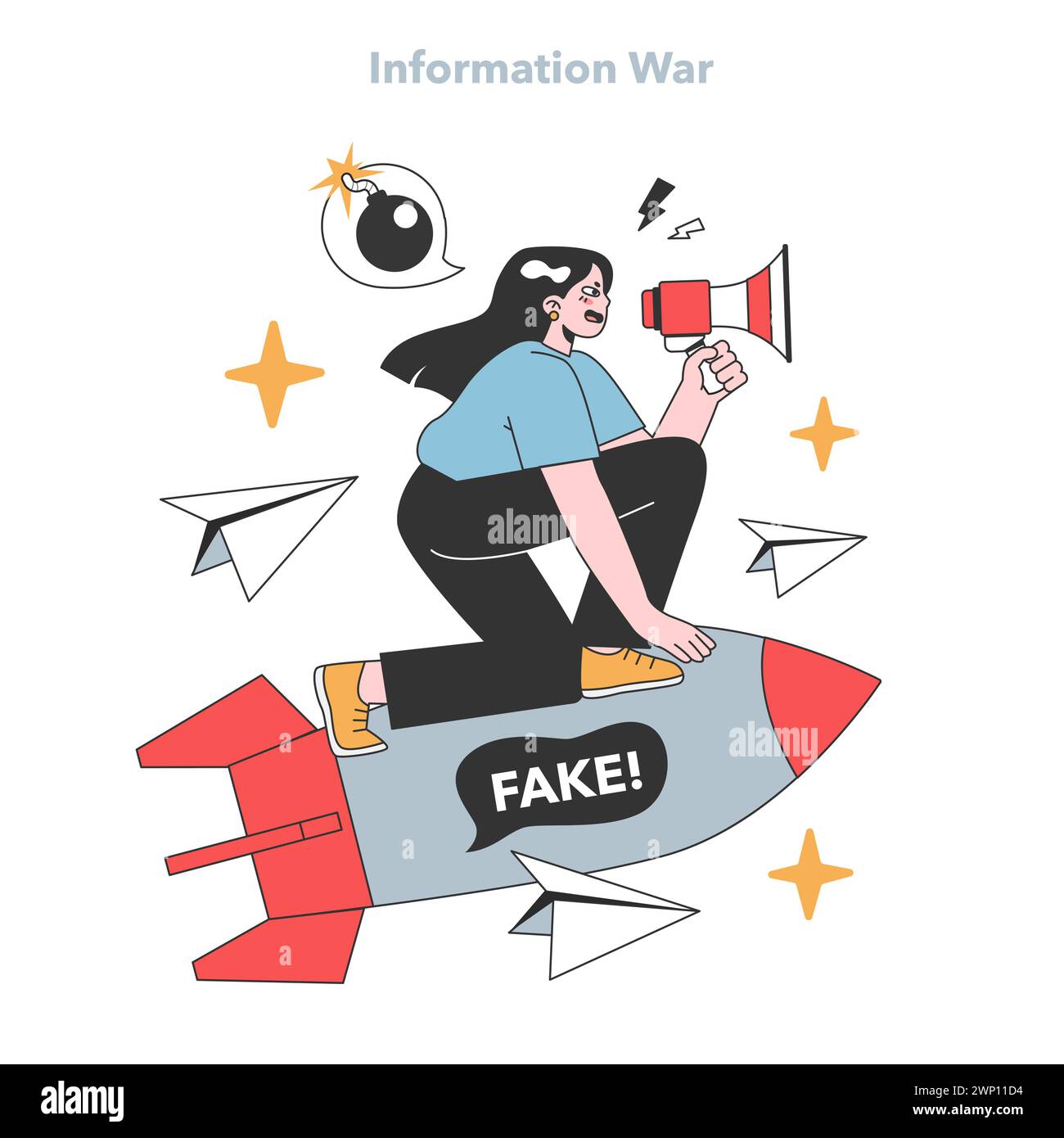 Determined woman riding a rocket, denouncing misinformation with a megaphone amid explosive fake news alerts. Flat vector illustration. Stock Vector