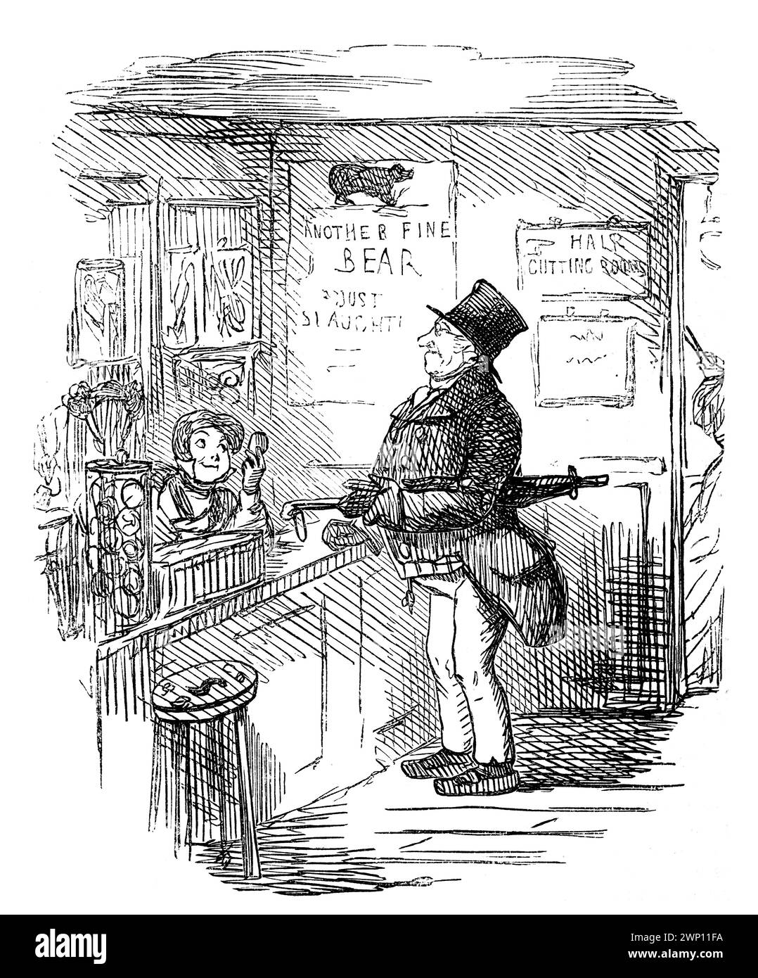 young boy recommending shaving soap, to older man, 'I always use it myself' in shop, cartoon from 1852 Punch Magazine Stock Photo