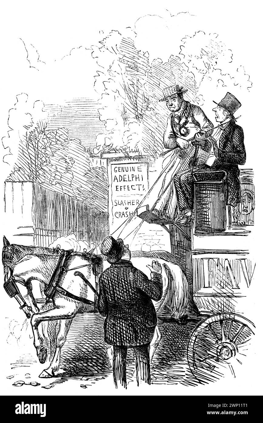 coach travel, driver passing reins to passenger cartoon, from 1852 Punch Magazine Stock Photo