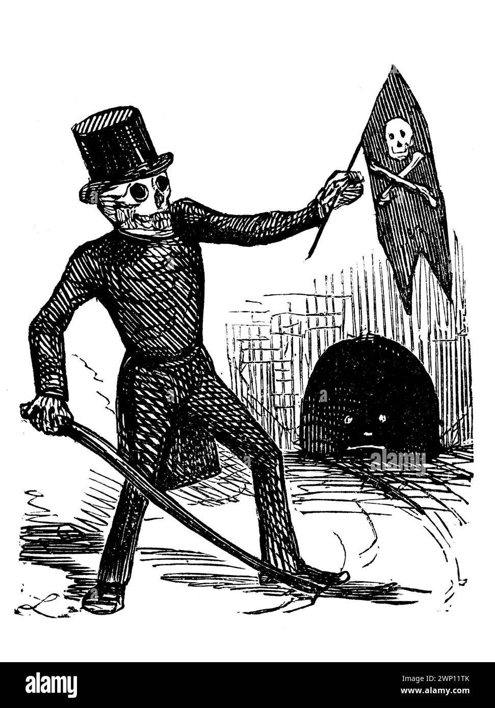 Walking the Railways, cartoon with skeleton waving skull and crossbones flag indicating danger of train tracks, from 1852 Punch Magazine Stock Photo