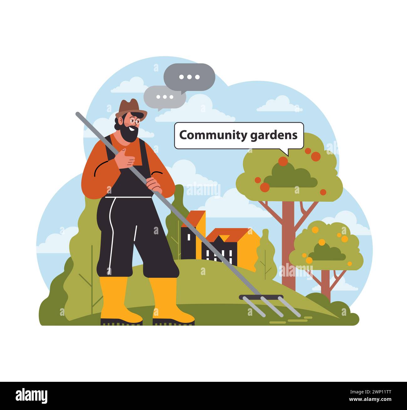 Engaged gardener promotes community gardens. Standing amidst green trees near city buildings, he encourages urban green spaces. Collective farming initiative. Flat vector illustration Stock Vector