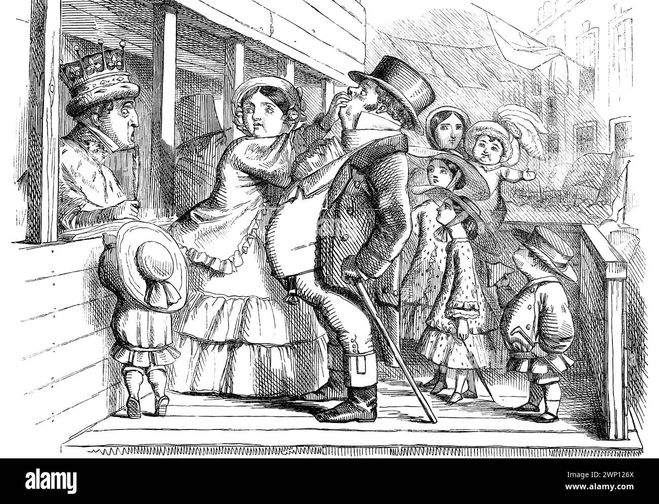 Mrs Bull at the Poll, political cartoon showing wife answering for her husband, when asked by Chancellor Sir Charles Wood how he will vote, from 1852 Stock Photo
