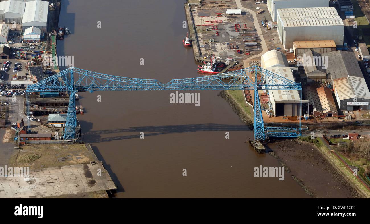aerial view of the now closed Middlesbrough Transporter Bridge, (sometimes known as the Tees Transport Bridge) Stock Photo