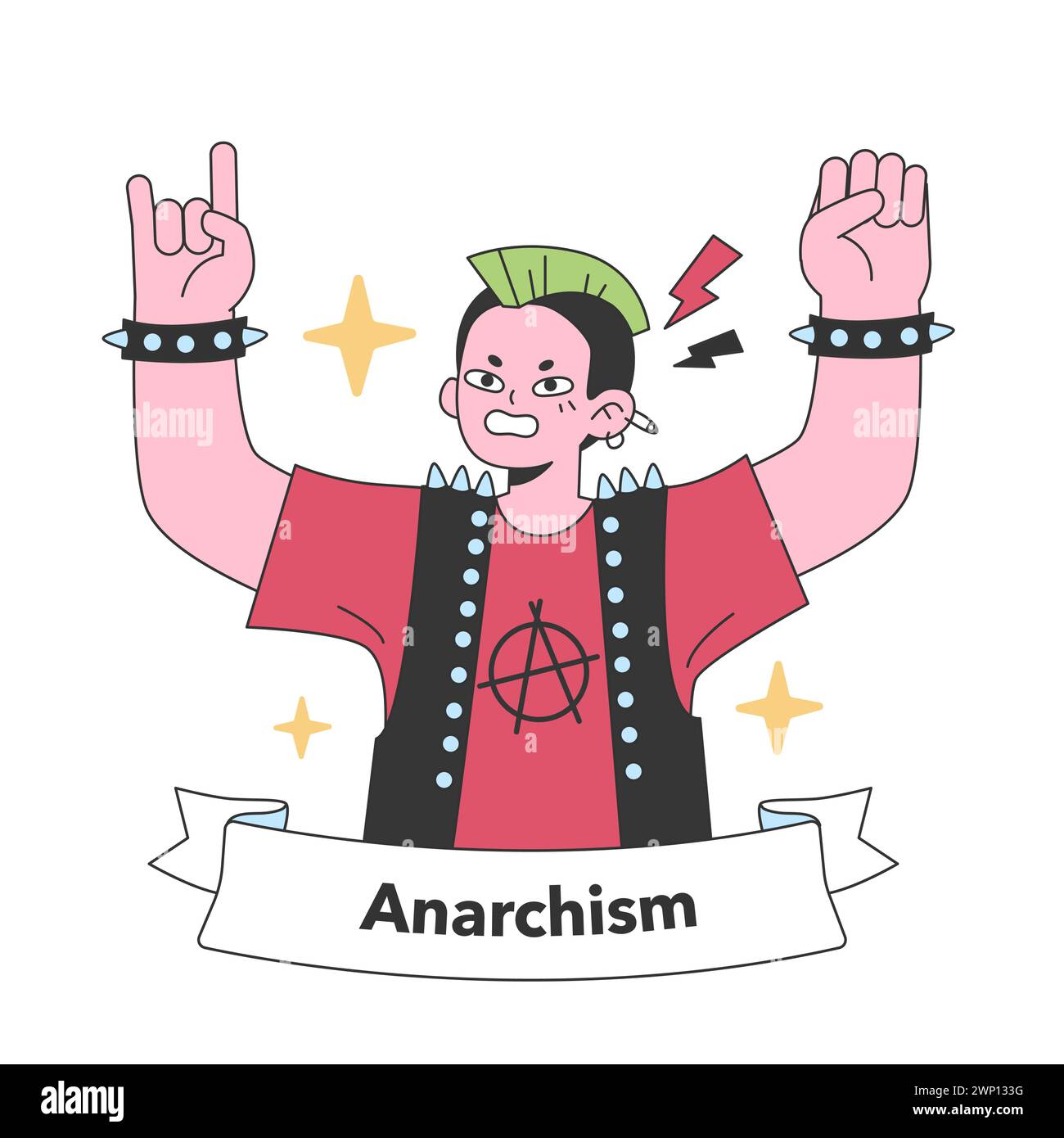 Emblematic anarchist figure raises fists high, symbolizing the fiery spirit of defiance and the quest for absolute freedom. Flat vector illustration Stock Vector