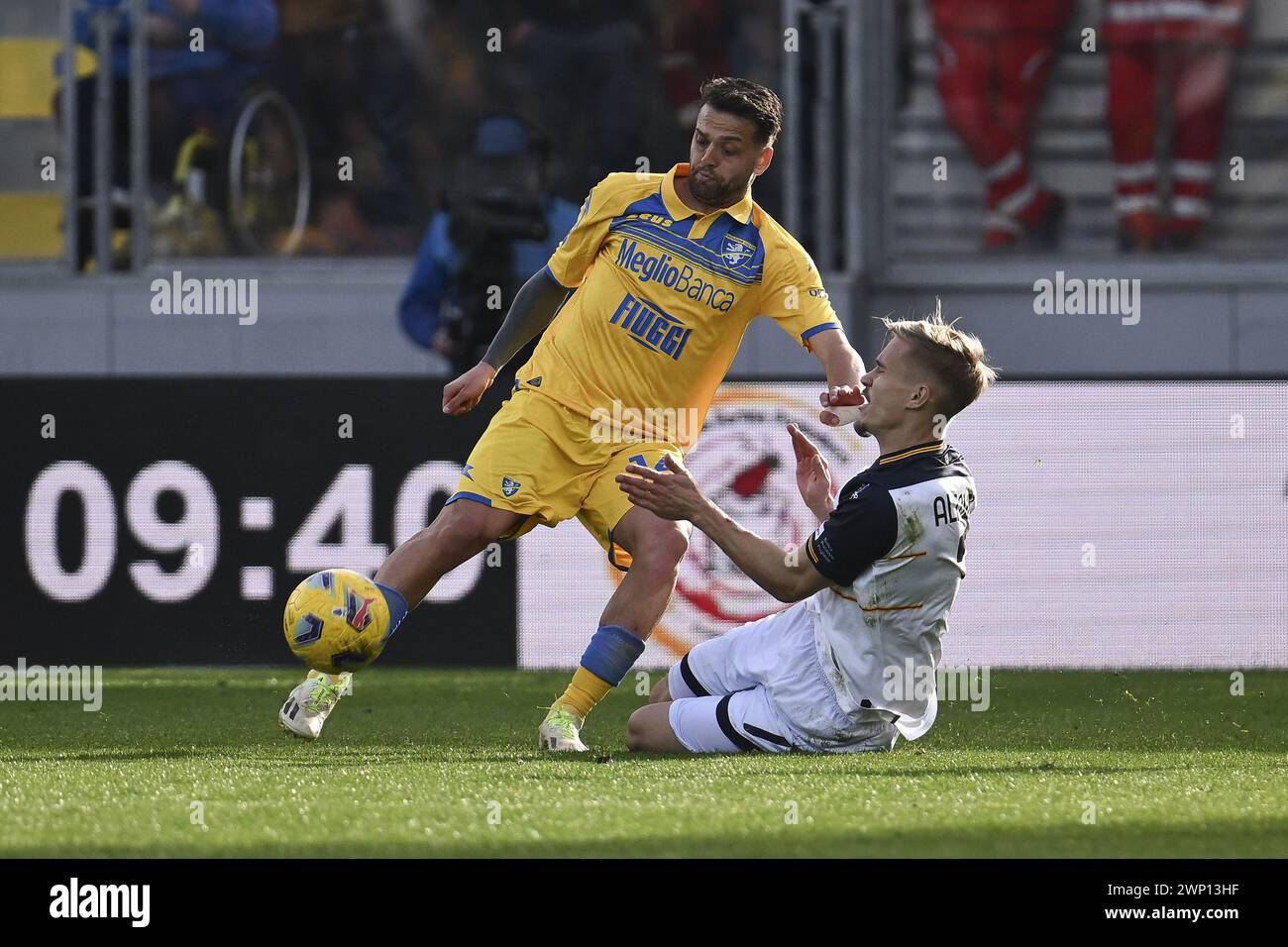 Frosinone, Italy. 03rd Mar, 2024. Francesco Gelli of Frosinone Calcio and Pontus Almqvist of U.S. Lecce during the 27th day of the Serie A Championship between Frosinone Calcio vs U.S. Lecce, 3 March 2024 at the Benito Stirpe Stadium, Frosinone, Italy. Credit: Independent Photo Agency/Alamy Live News Stock Photo