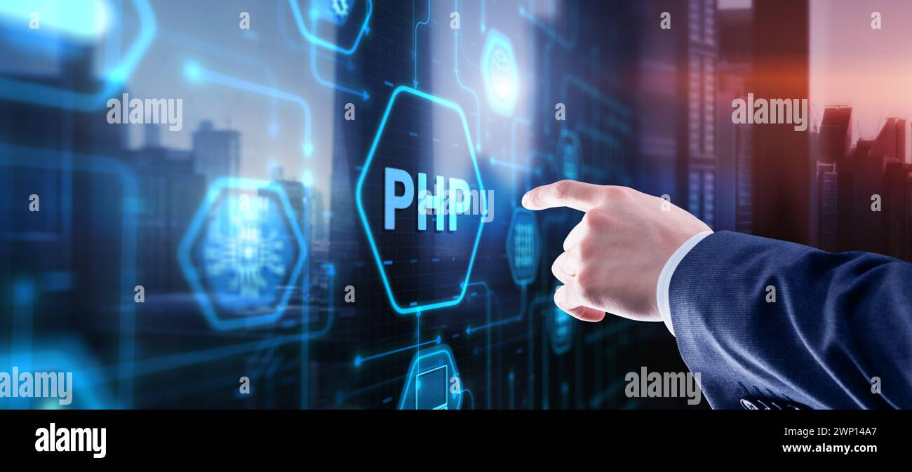 Hypertext Preprocessor PHP Programming. Interpreted programming language. Stock Photo