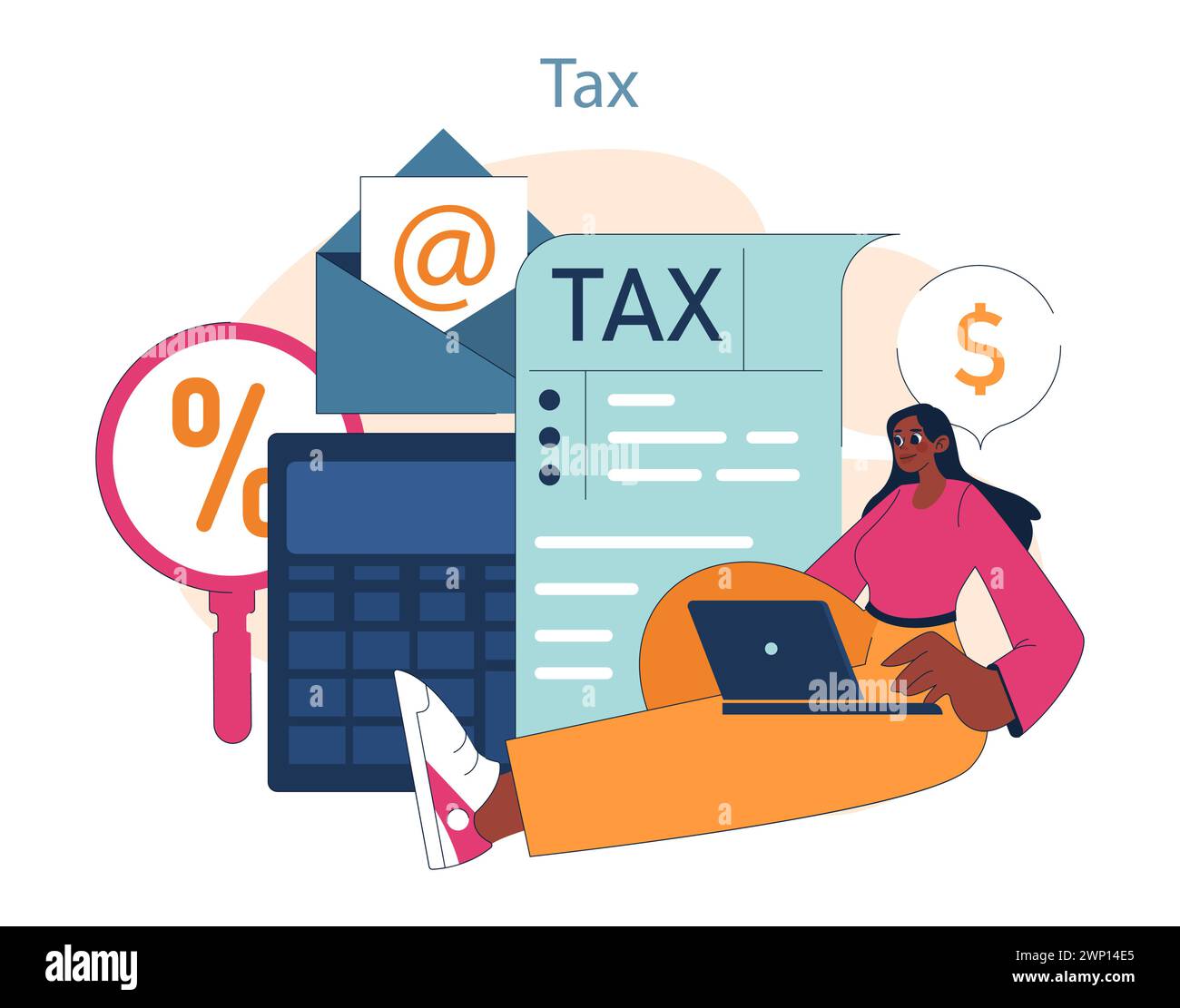 Digital Tax Management Simplified. A confident woman efficiently organizes her tax documents using online tools amidst symbols of percentage and email. Streamlining finances. Flat vector illustration. Stock Vector