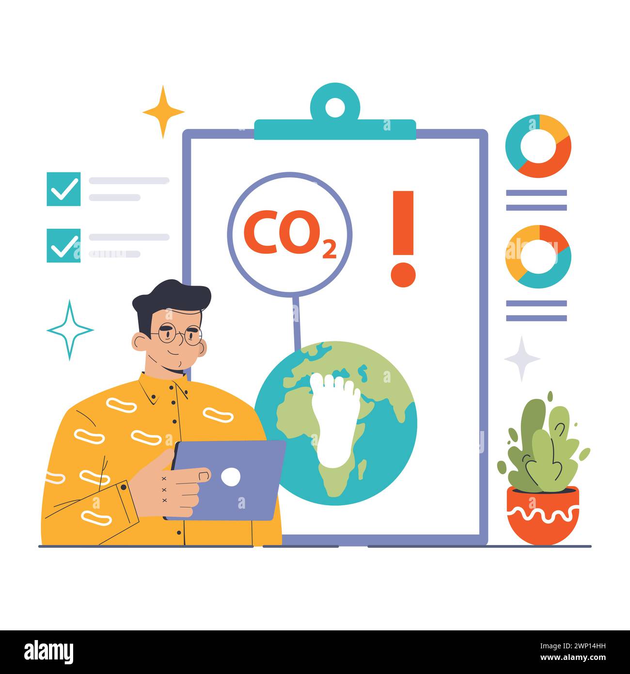 Carbon Footprint Awareness concept. Analyst with tablet calculates