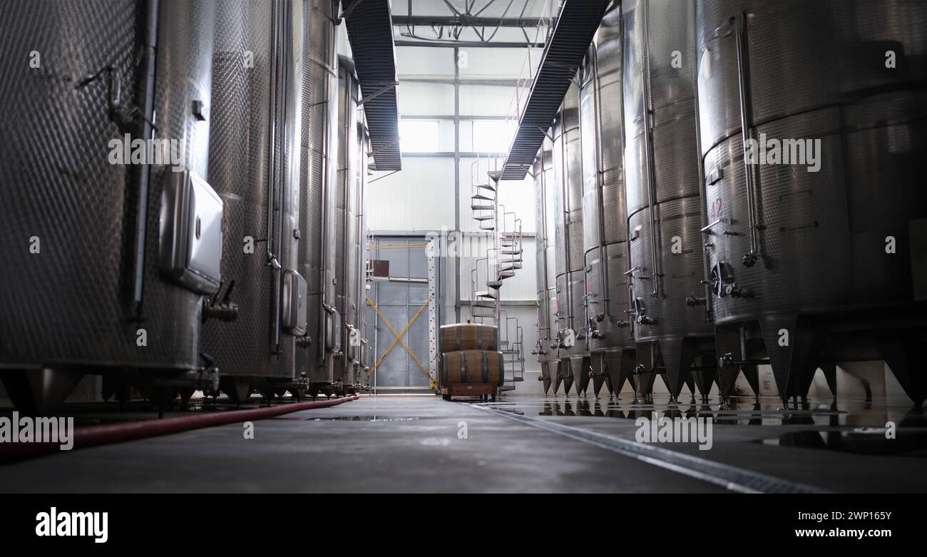 Modern winery interior with large metal tanks Stock Photo - Alamy