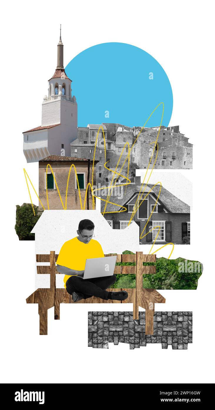 Modern aesthetic artwork. Young man, student sitting on bench and using laptop surrounded architecture buildings, castles. Stock Photo