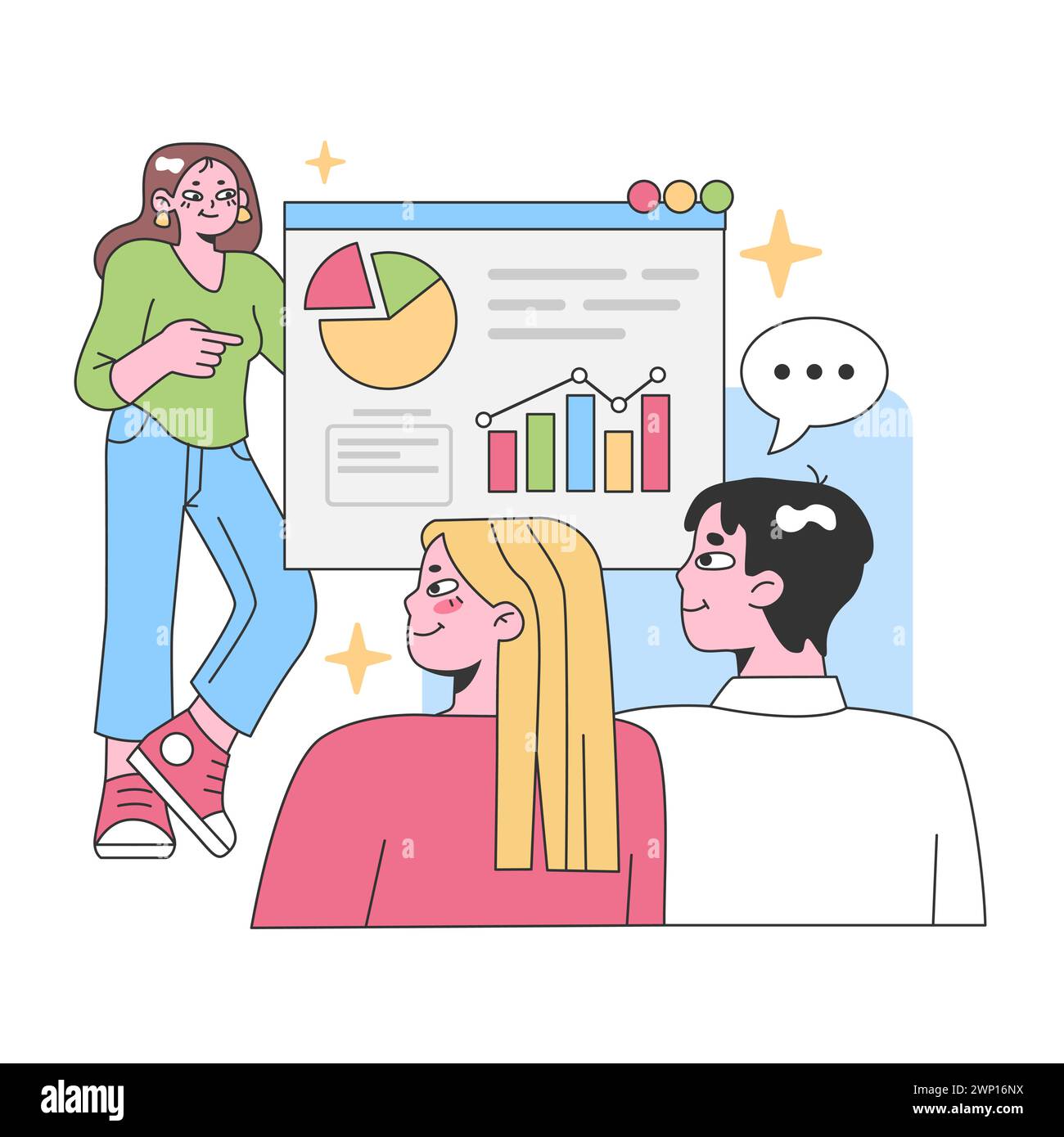 Engaging presentation by a young woman showcasing data to attentive listeners. Bright and interactive learning environment with pie charts, growth graphs and playful elements. Collaborative discussion Stock Vector