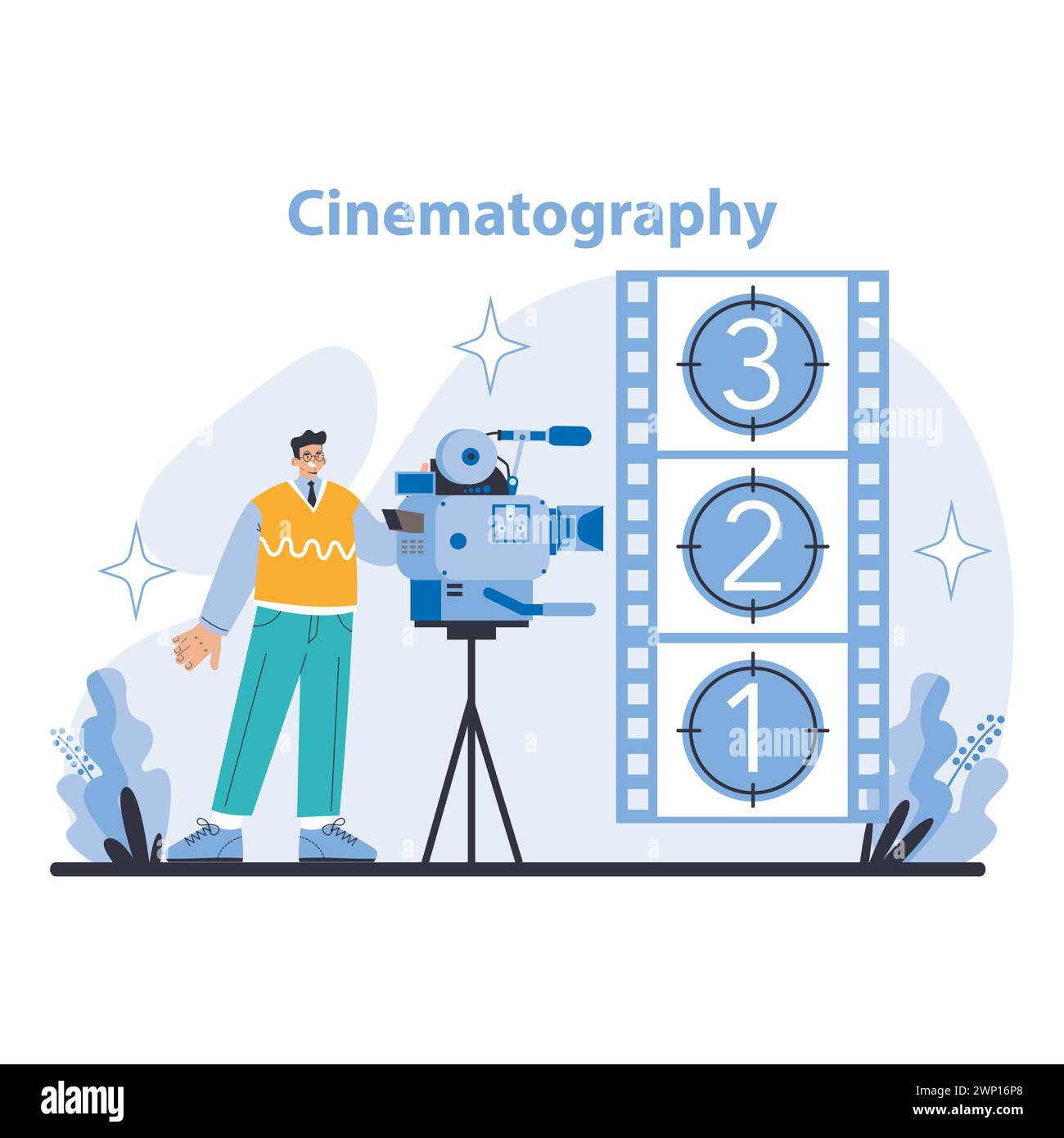 Cinematography concept. The art of filmmaking and visual storytelling. Director's craft in movie production. Film industry technology and evolution. Flat vector illustration. Stock Vector