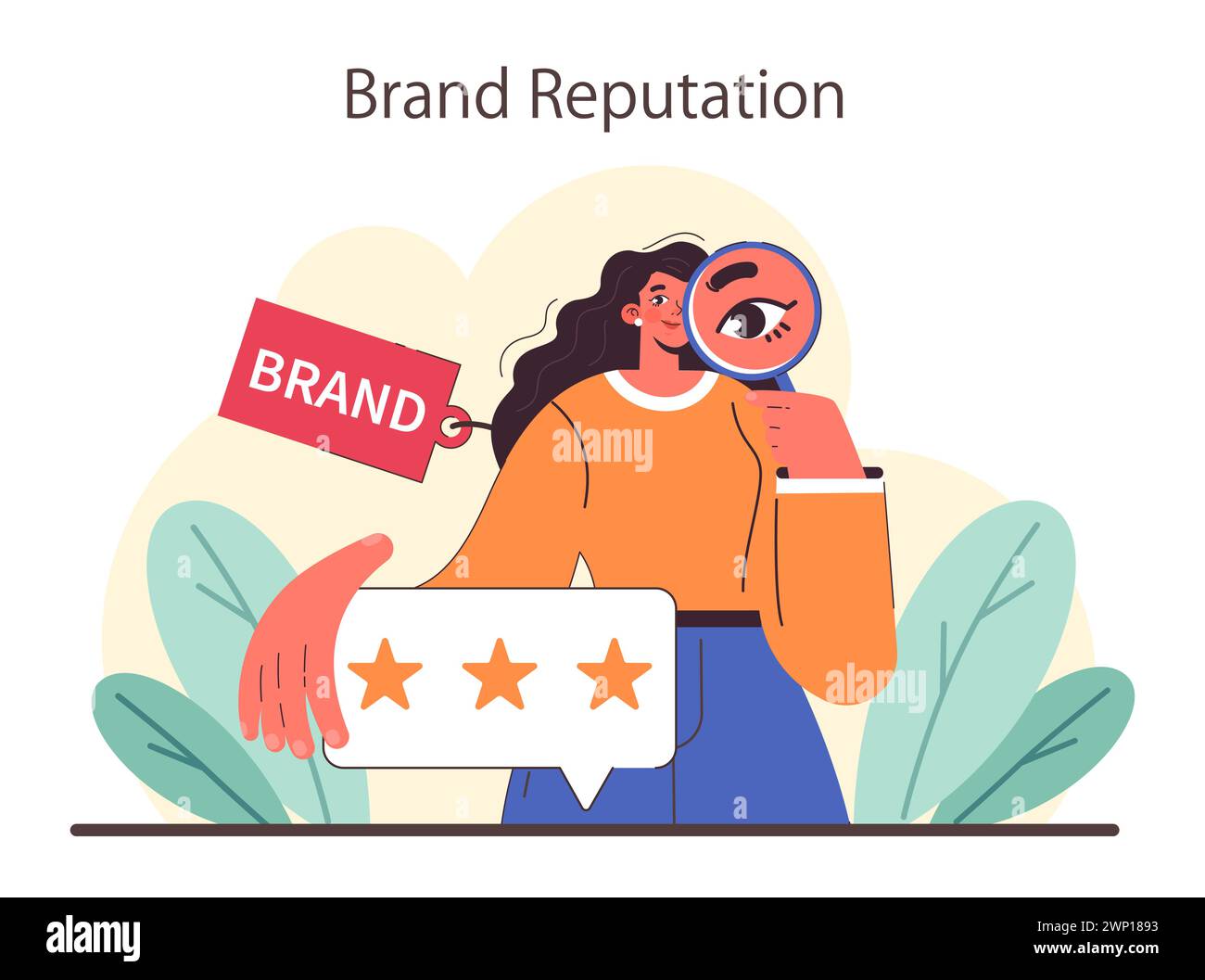 Brand Reputation concept. A critical eye on brand image, measuring customer satisfaction and trust. Valuation of a brand's credibility and prestige. Flat vector illustration Stock Vector
