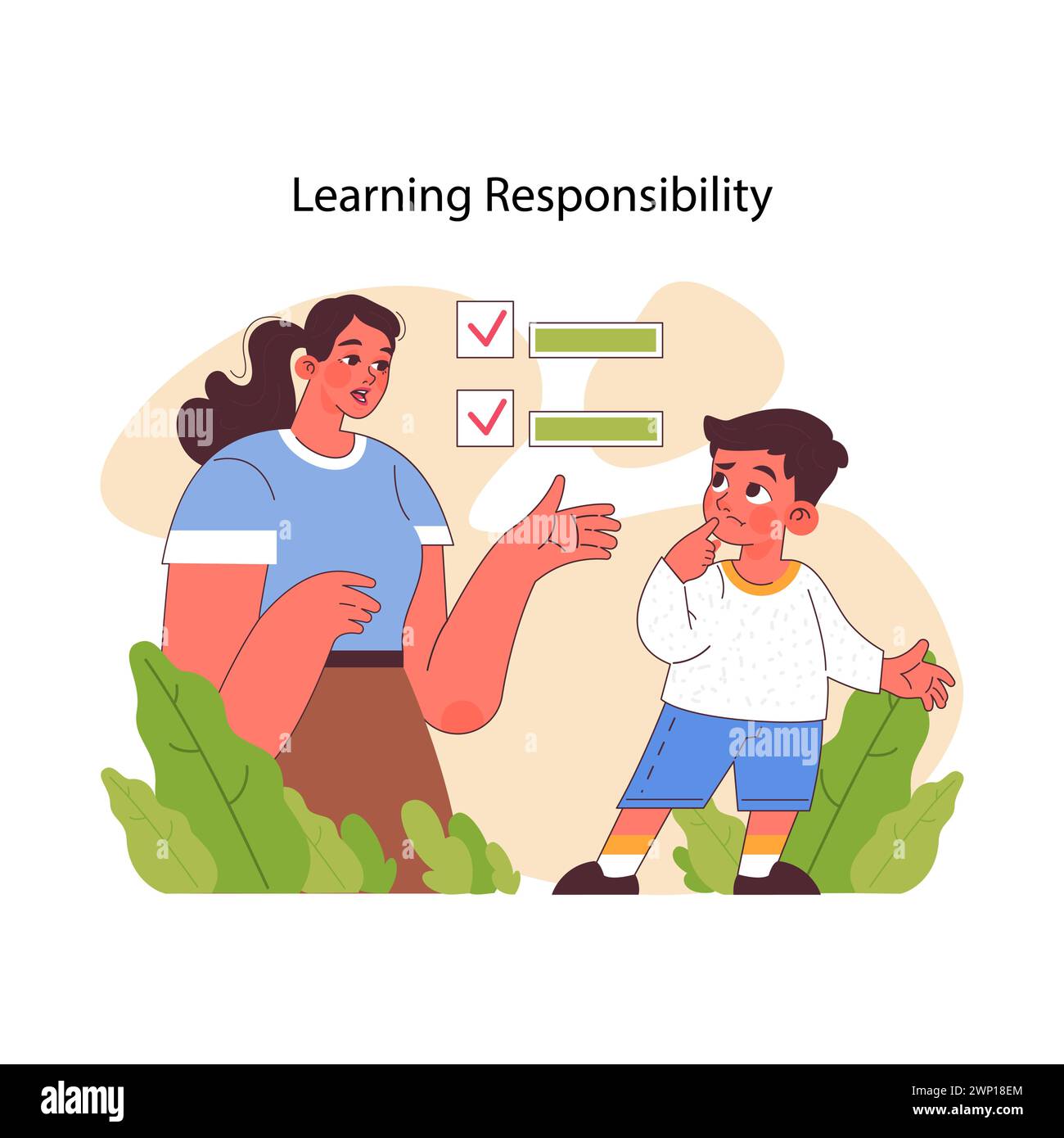 Learning Responsibility concept. A thoughtful boy considers advice from a guiding adult on task management, reflecting on the steps to responsible behavior. A story of mentorship and growing up Stock Vector