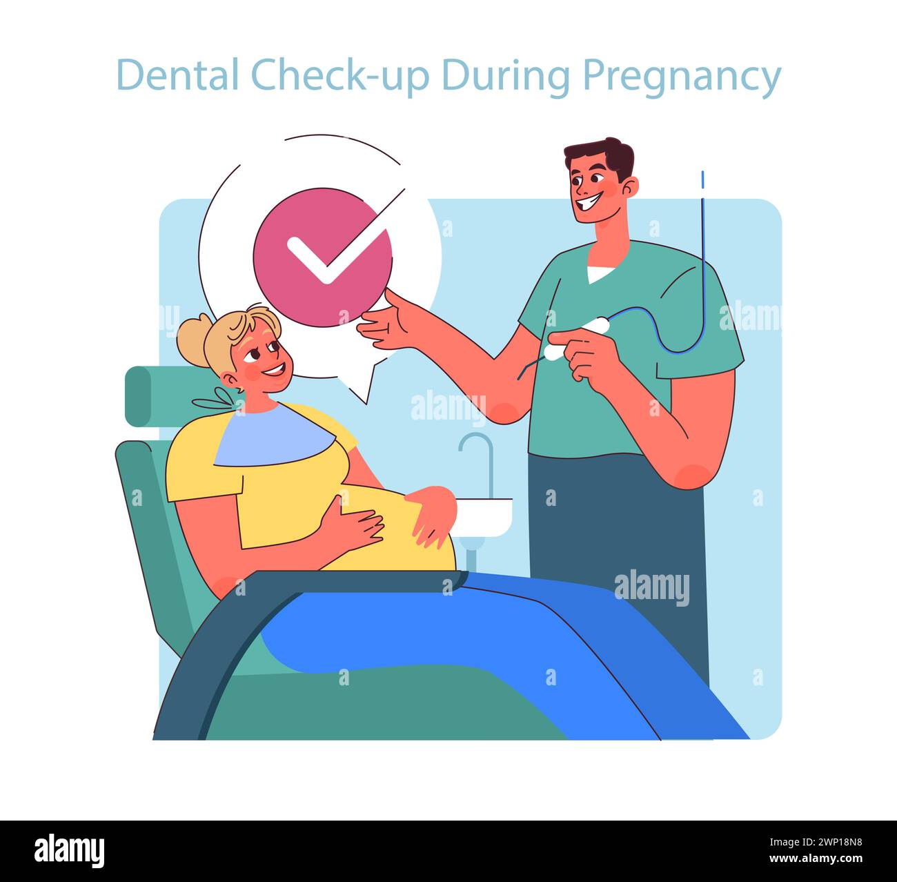 Dental Check-up During Pregnancy. A smiling pregnant woman receives a positive dental health report, emphasizing prenatal oral care. Stock Vector