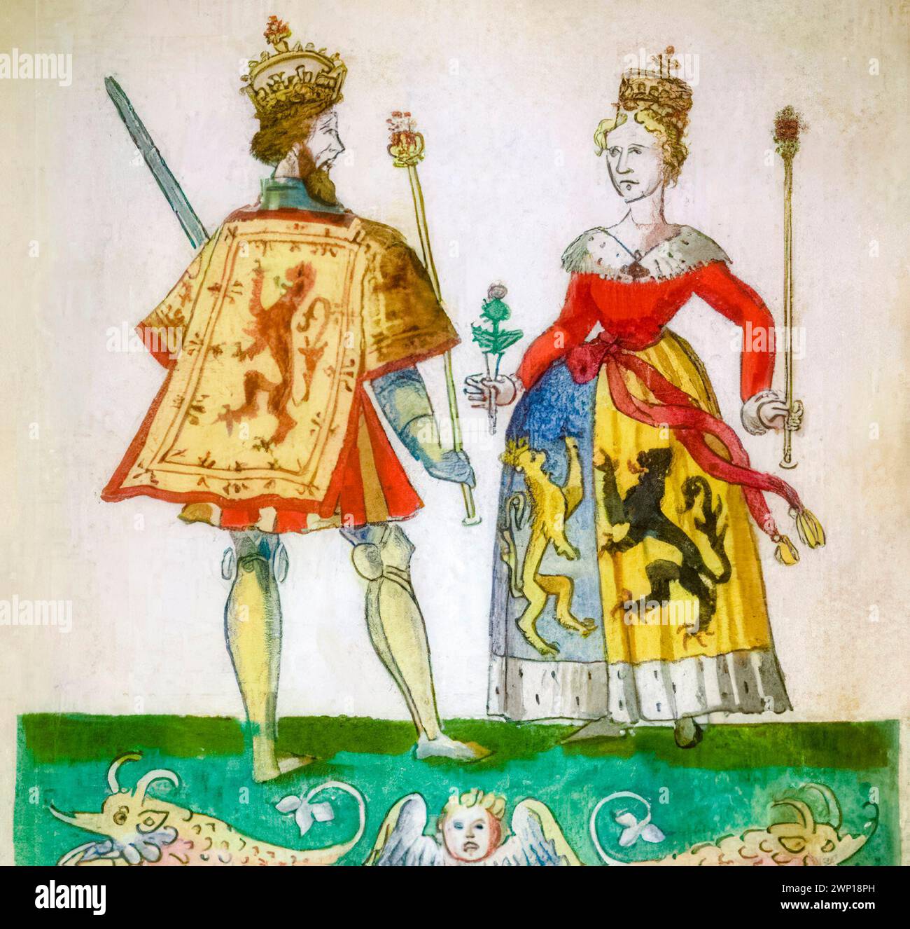 James II of Scotland (1430-1460) King of Scots 1437-1460 and his wife Mary of Guelders (circa 1434/1435-1463) Queen Consort of Scotland 1449-1460, and Queen Regent of Scotland, 1460-1463, illuminated manuscript portrait painting, circa 1562 Stock Photo