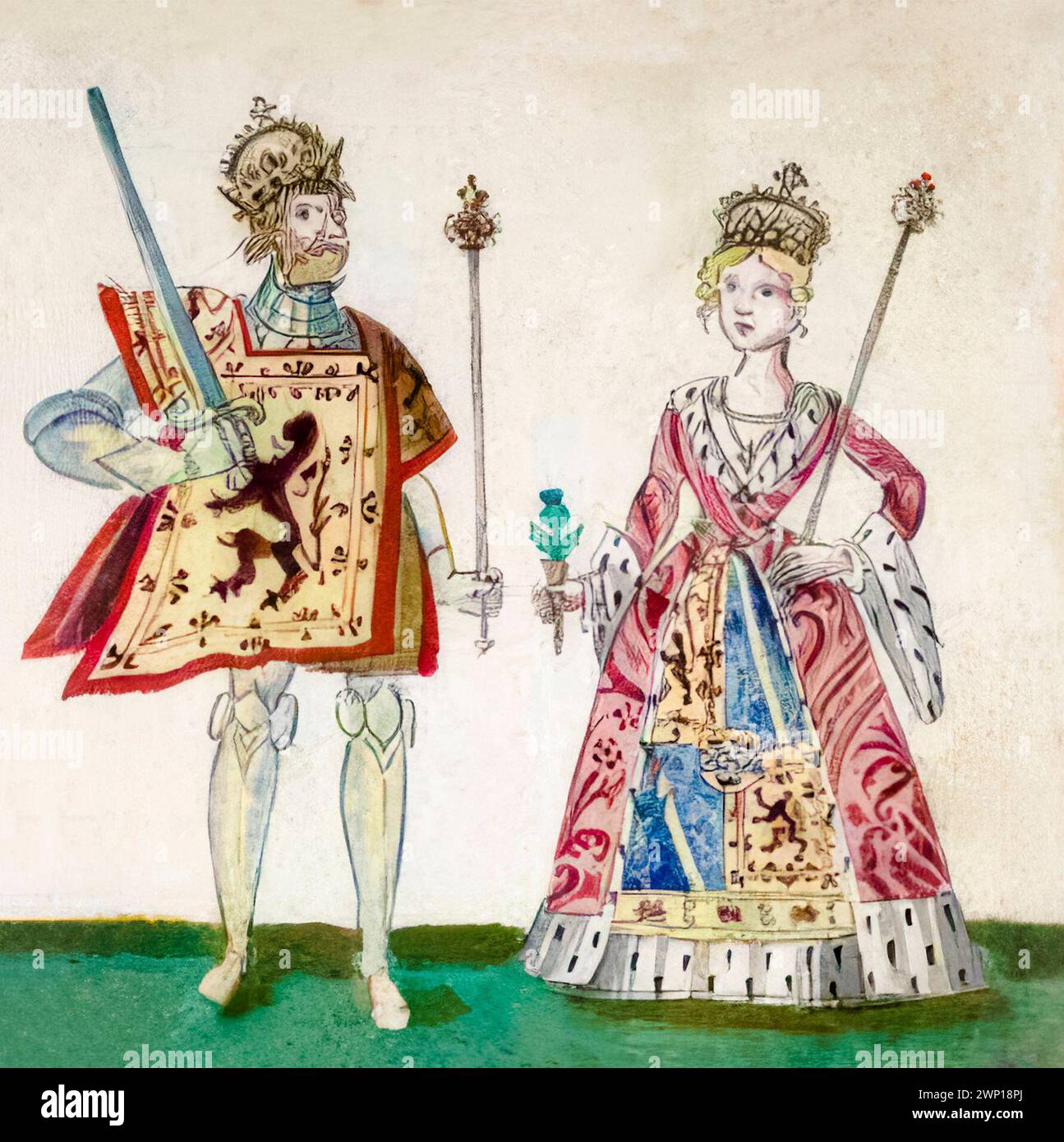 Robert I of Scotland (1274-1329) known as Robert the Bruce, King of Scots 1306-1329 with his first wife Isabella of Mar (circa 1277-1296), illuminated manuscript portrait painting, circa 1562 Stock Photo