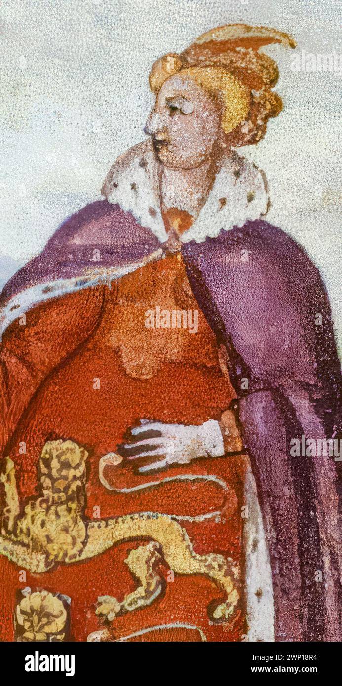 Joan of the Tower (1321-1362) Queen Consort of Scotland 1329-1362 as the first wife of David II of Scotland, illuminated manuscript portrait painting, 1591 Stock Photo