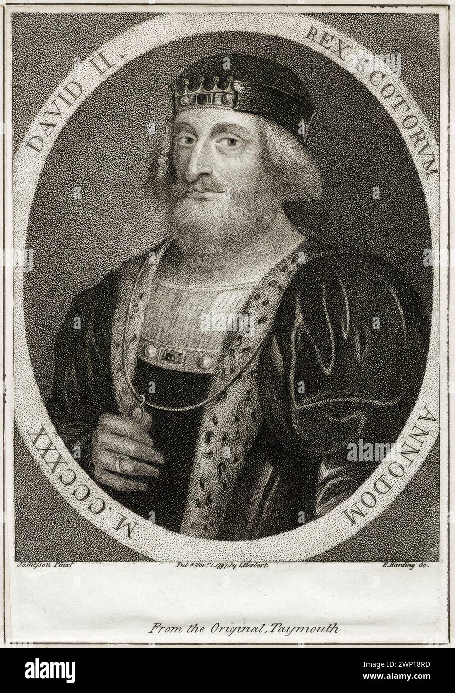 David II of Scotland (1324-1371) King of Scotland 1329-1371, portrait engraving by Edward Harding after Jamesson, 1797 Stock Photo