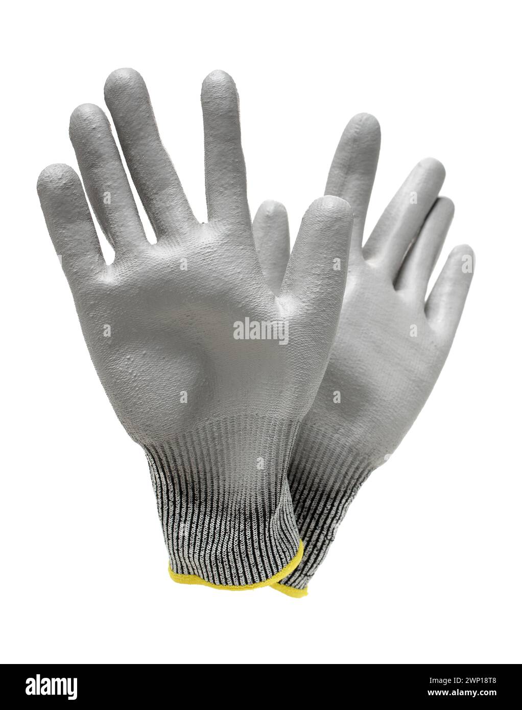 Pair of gray textile work gloves with protective rubber layer isolated on white background with soft shadow Stock Photo