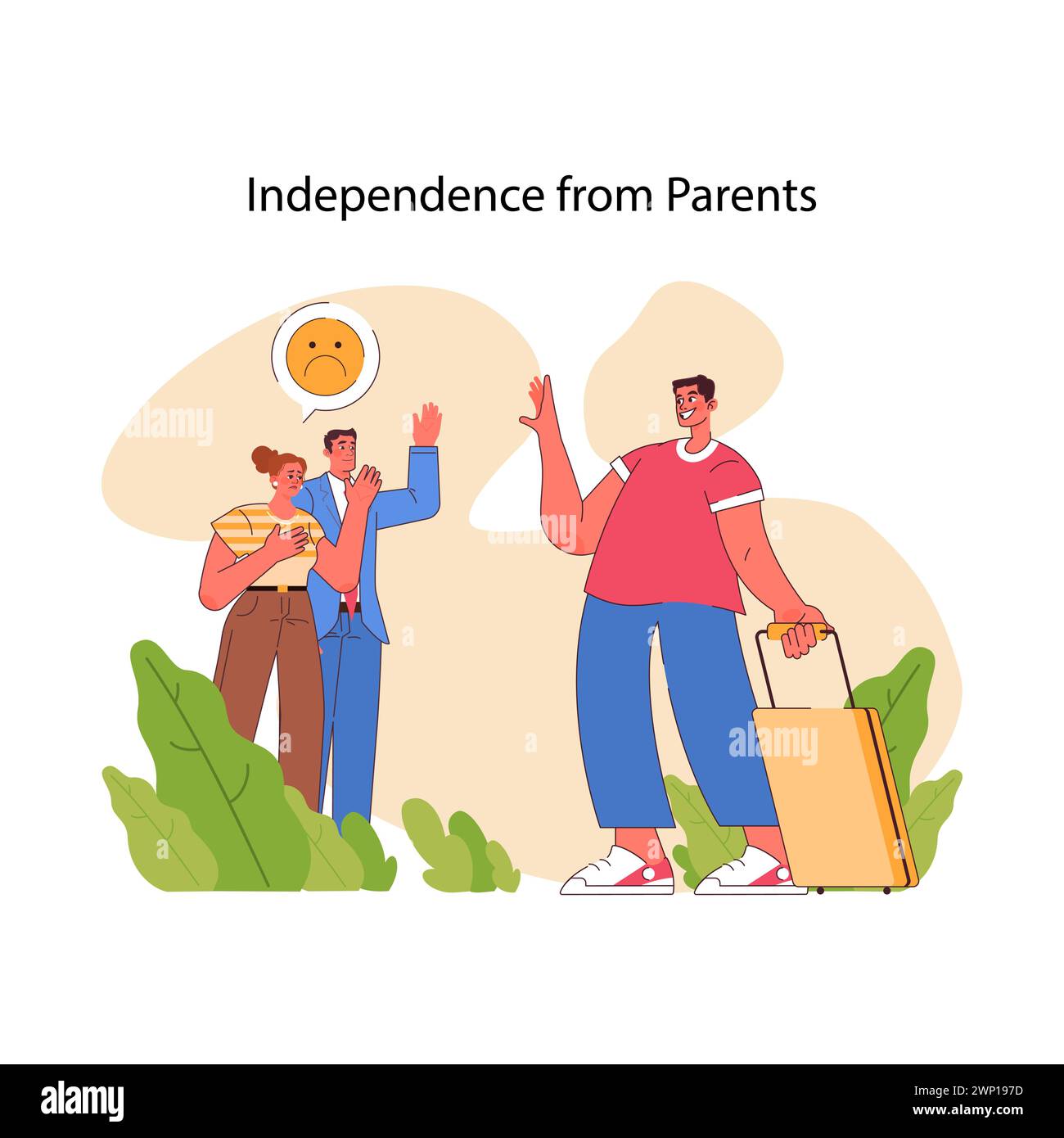 Leaving the Nest concept. A young adult departs for a new journey, signifying the pivotal moment of gaining independence from caring yet anxious parents. Flat vector illustration Stock Vector