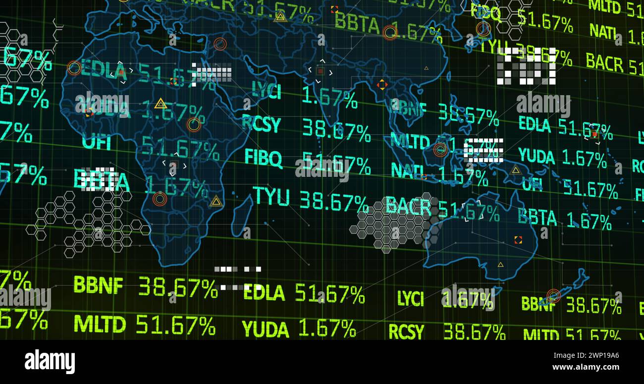 Image of financial data processing and world map over black background ...