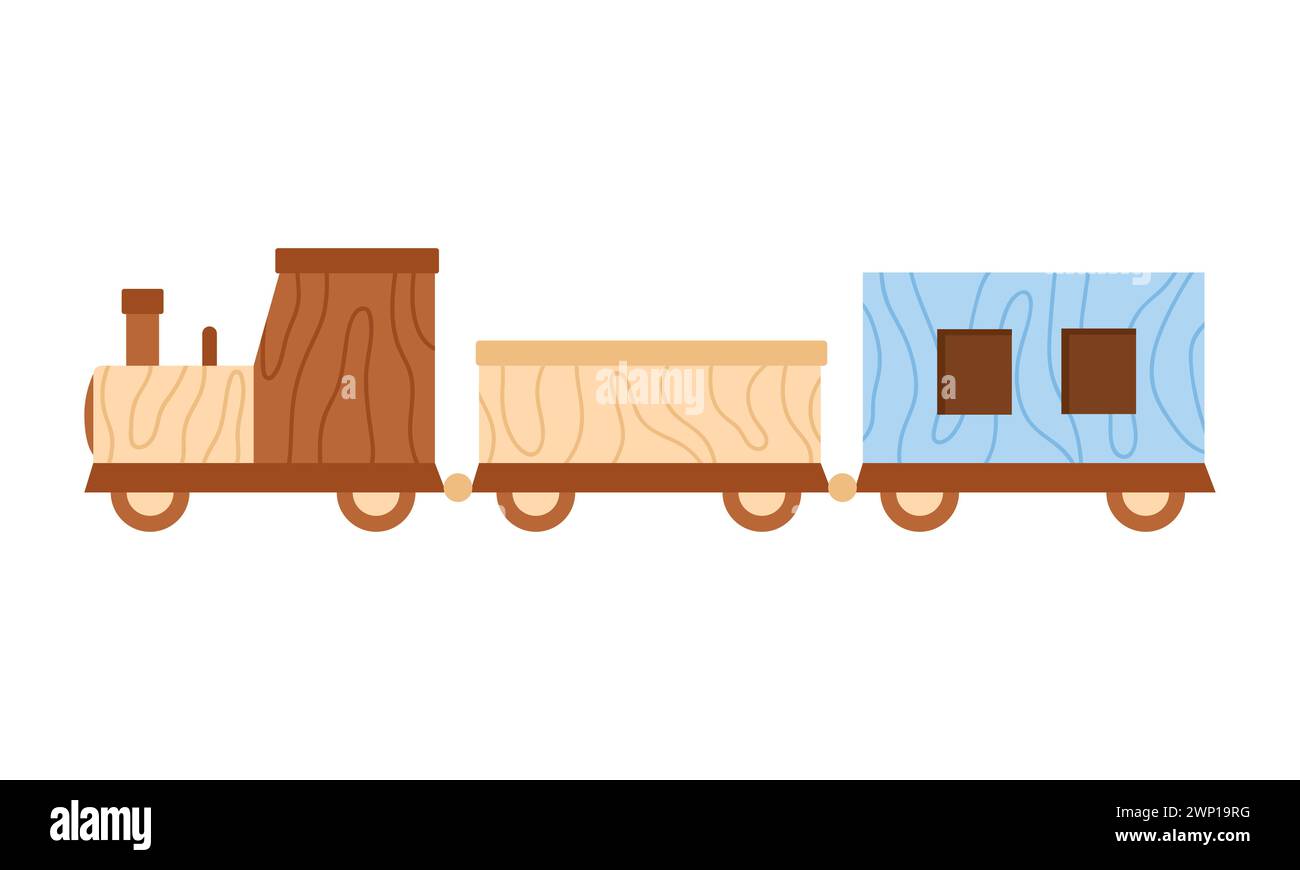 Wooden train toy. Retro traditional wooden toys, kids entertainment cartoon vector illustration Stock Vector