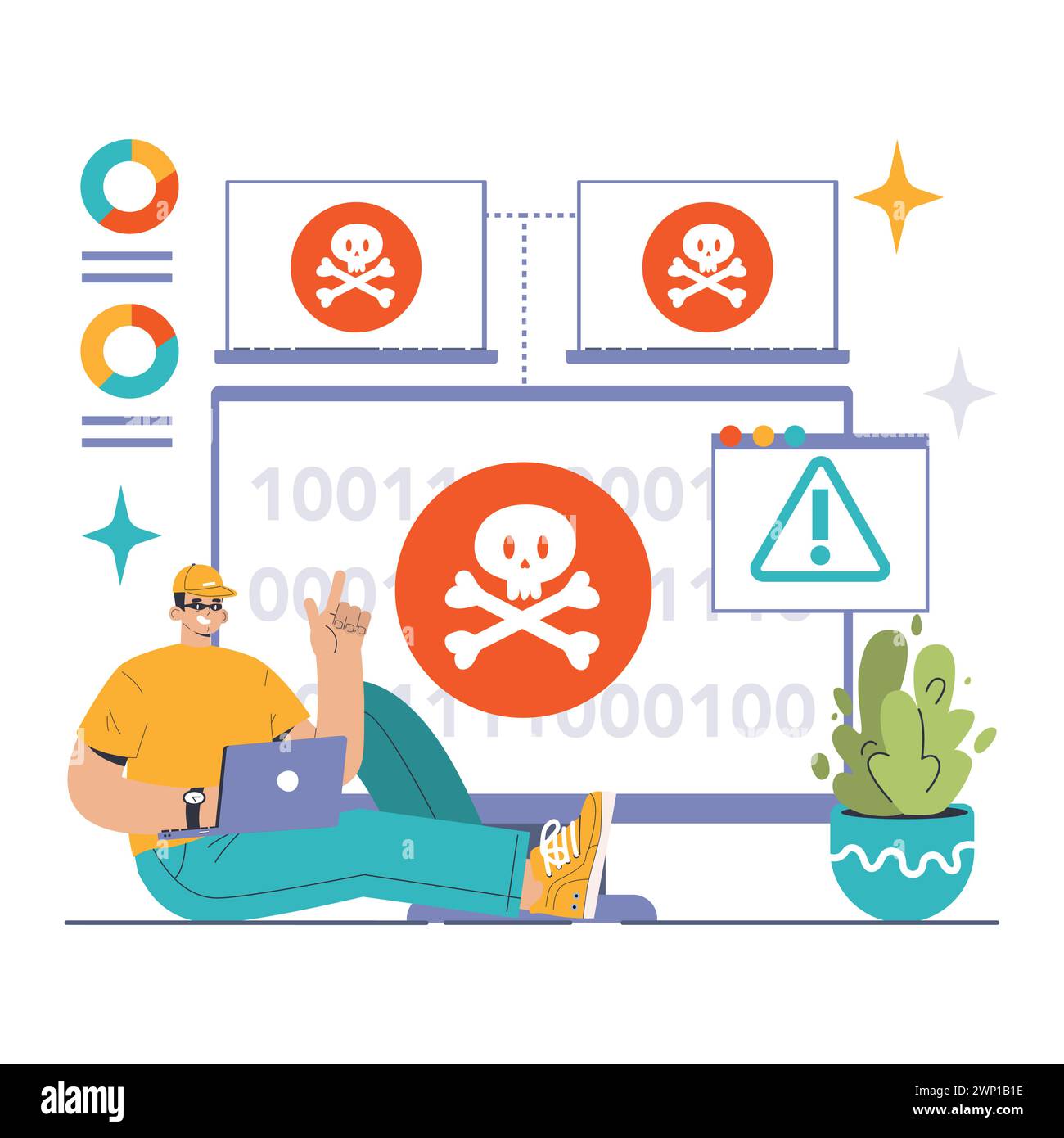 Botnet attack illustration. Hacker orchestrating a network breach with multiple compromised computers, emphasizing cyber vulnerability. Stay alert, secure devices. Flat vector illustration Stock Vector
