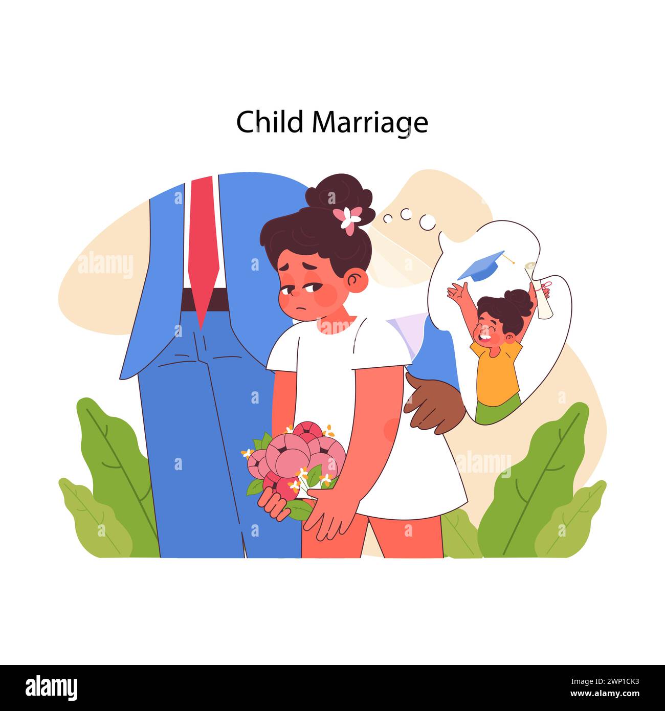 Child marriage concept. Young girl reluctantly holds flowers, her dreams of education fading, placed with looming adult male figure. Women rights violation, oppression. Flat vector illustration Stock Vector