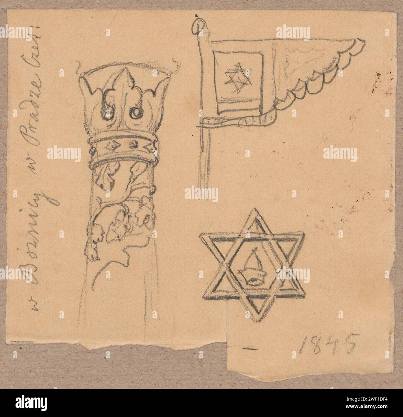 Prague (Czech Republic). Judaica from the synagogue; Verso: a fragment of the sketch of the character on horseback; Lesser, Aleksander (1814-1884); 1845 (1845-00-00-1845-00-00);Czech Republic, David Star, Lesser, Aleksander (1814-1884), Lesser, Aleksander (1814-1884) - collections, Lesser, Emiljan Stanisław (Baron - 1847-1912), Lesser, Emiljan Stanisław (Baron - 1847-1912) - collection , Lesser, Wiktor Stanisław Zygmunt (Baron - 1853-1935), Lesser, Wiktor Stanisław Zygmunt (Baron - 1853-1935) - collection, Prague (Czech Republic), synagogue (Praga - Czech Republic), architecture, foreign archi Stock Photo