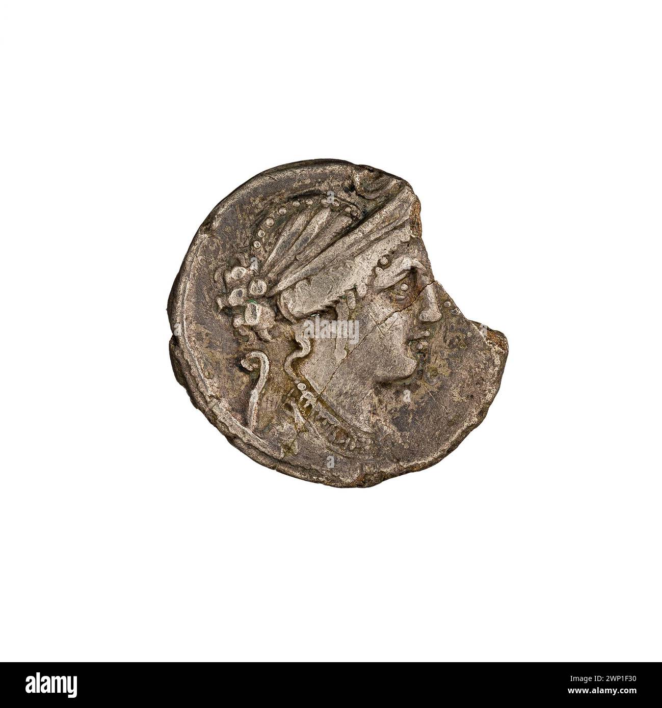 denarius; Cornelius Sulla, Faustus (Fl. 56 BCE; 54 BC); 56 BC (-56-00-00--56-00-00);Bocchus I (King of Mauritania - 118-91 A.C.) - iconography, Diana (Mitol.), Jugurta (King of Numidia - 118-104 A.C.) - iconography, State Art collections (Warsaw - 1922-1939) - collections, Sulla, Lucius Cornelius (138-78 A.C.) - iconography, olive branches, Lituus (iconogr.), Bust, Diana Bust (iconogr.), Kneeling characters, message (provenance), and half Stock Photo