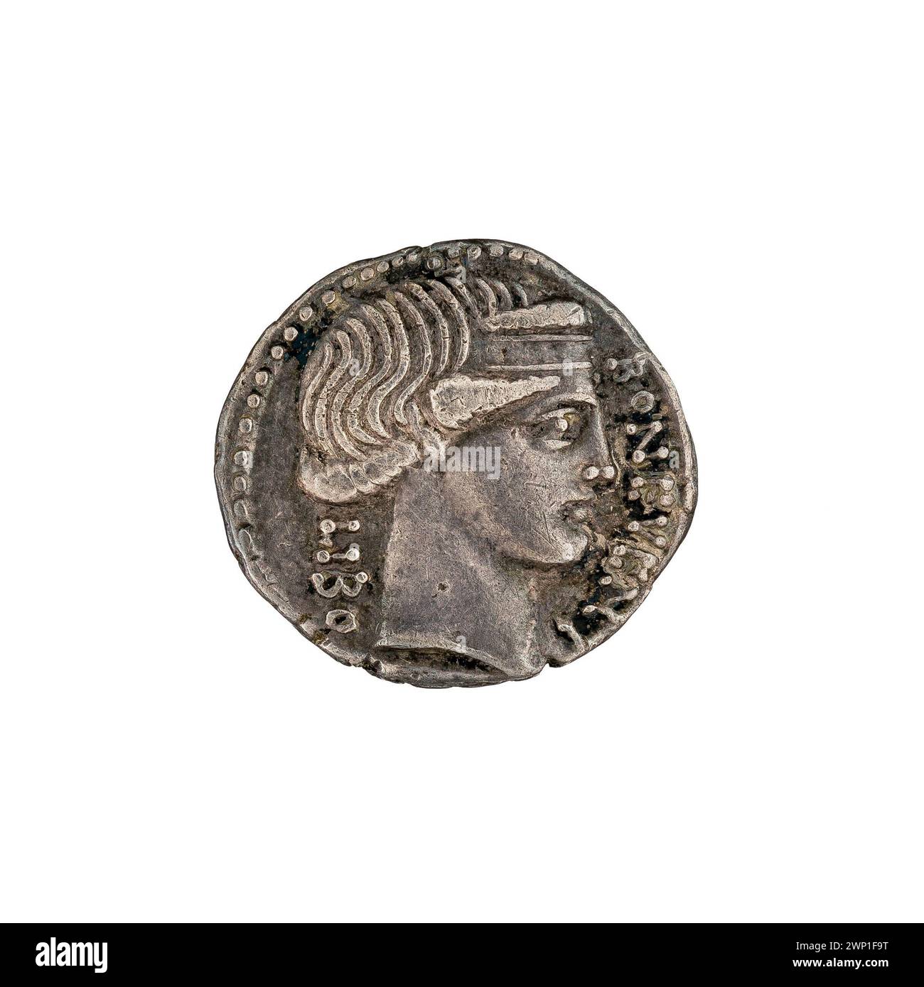 denarius; Scriponius Libo, L. (Fl. 62 BC); 62 BC (-62-00-00--62-00-00);Bonus Eventus (Personification), State Art Collections (Warsaw - 1922-1939) - collections, Puteal Scribonianum (iconogr.), Girlands, Bonus Eventus head (iconogr.), Lira, hammers, message (provenance) Stock Photo