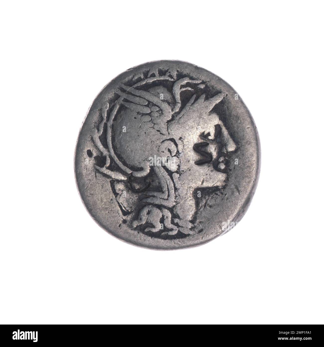 This denarius coin from 111-110 BC depicts Roma in a helmet, Victoria ...