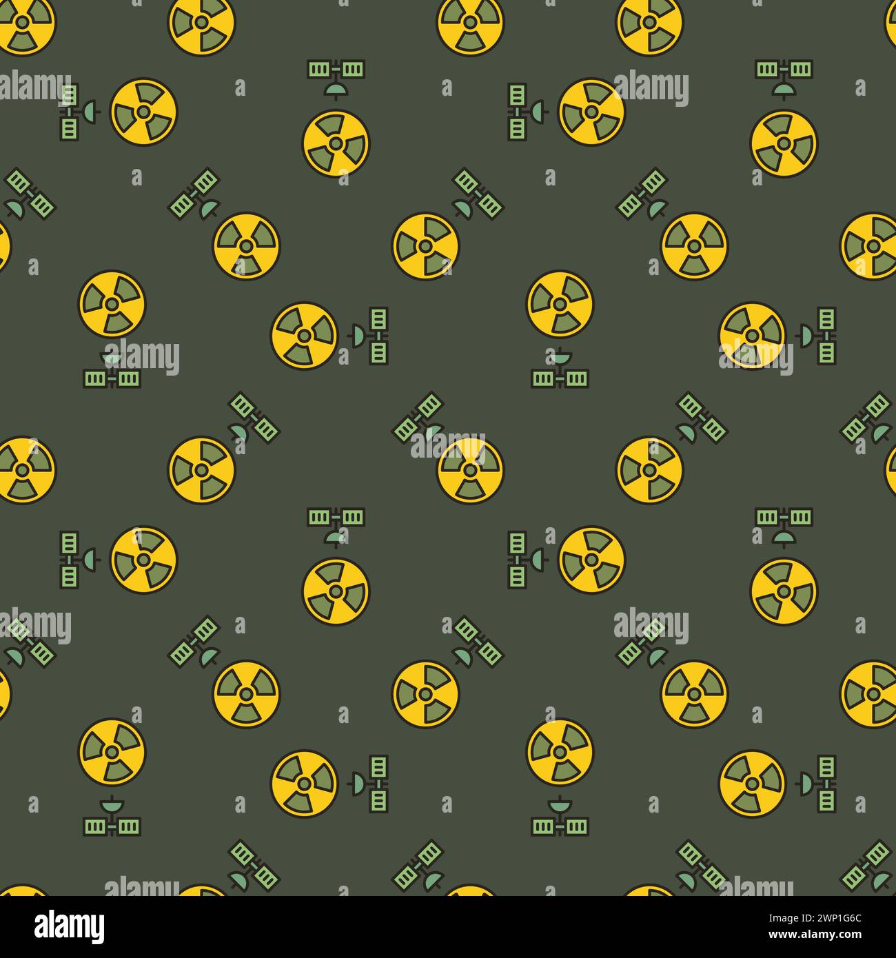 Radiation symbol and Satellite in Space vector concept colored seamless pattern Stock Vector