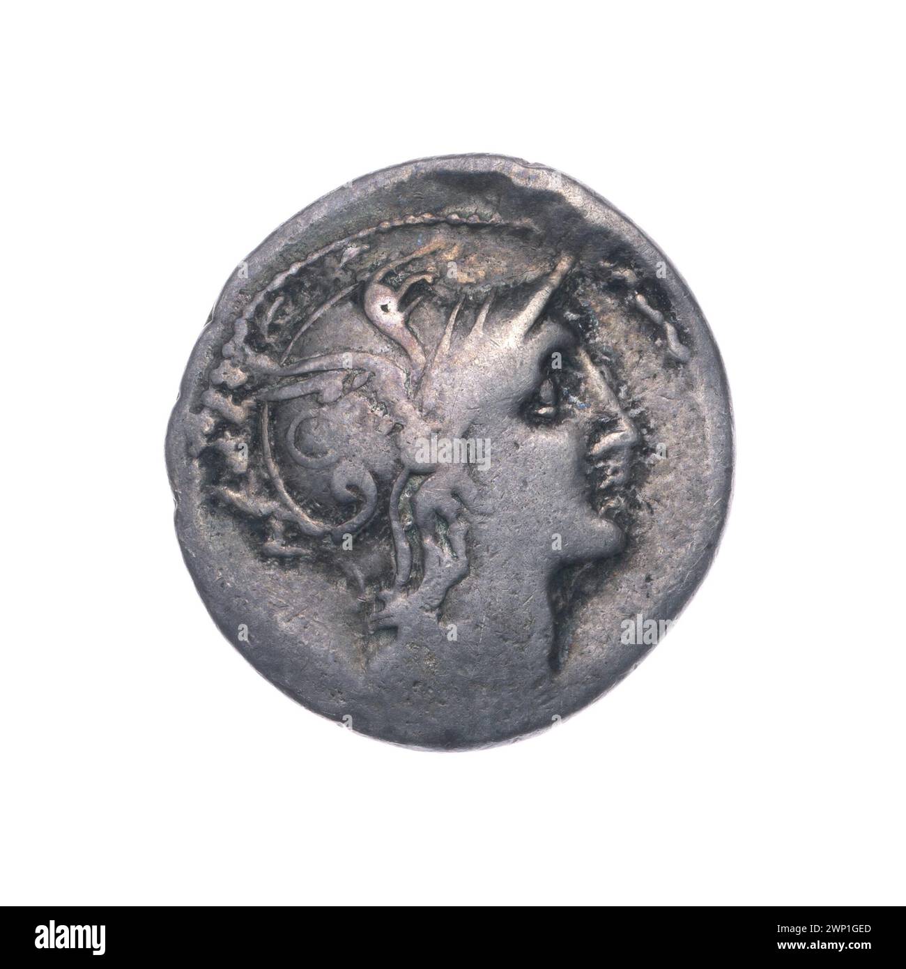 A Roman denarius from 110-109 BC minted by C. Claudius Pulcher, showing ...