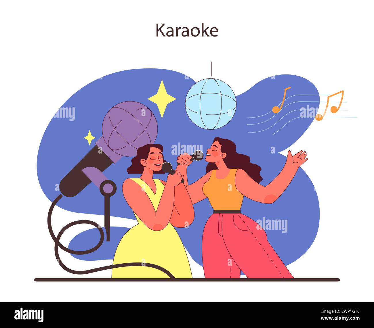 Karaoke concept. Duo joyfully singing with a microphone, basking in the glow of a disco ball. Musical expression and entertainment at a fun-filled karaoke night. Flat vector illustration. Stock Vector