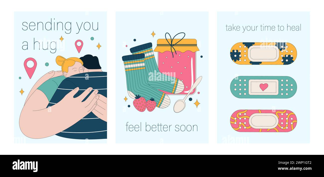 Get well soon card set. Positive and motivational poster with greeting quote. Medicine postcard with feel better lettering. Recovery affirmation and wishes. Flat vector Illustration Stock Vector