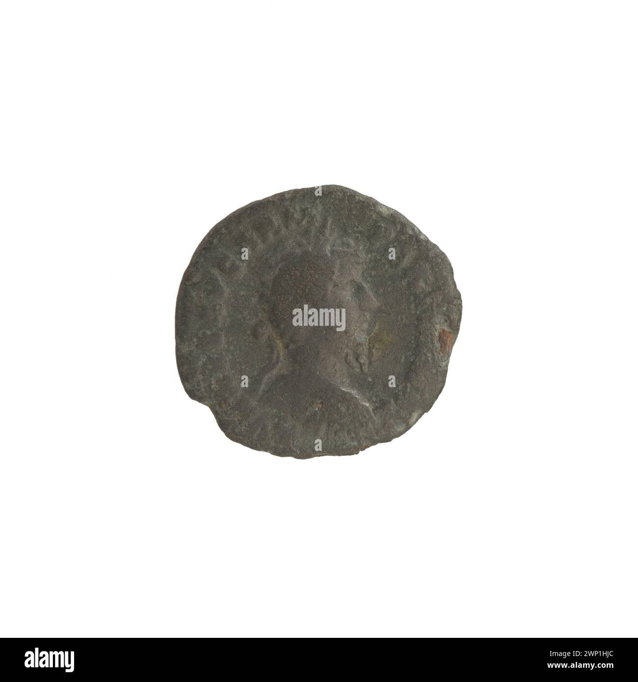 Unofficial denar coin representing Roman emperor Lucius Verus, dating between 161-169 CE, with Imperial Roman portrait and inscriptions. Stock Photo